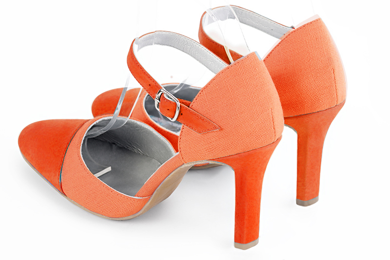 Clementine orange women's open side shoes, with an instep strap. Round toe. Very high slim heel. Rear view - Florence KOOIJMAN